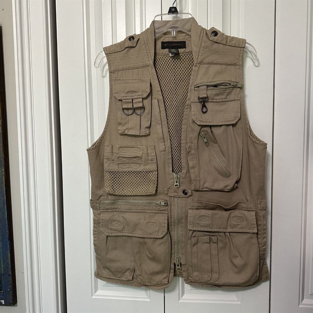 Vintage Banana Republic Vest Mens Extra Small Safari Travel Fishing Tan Khaki